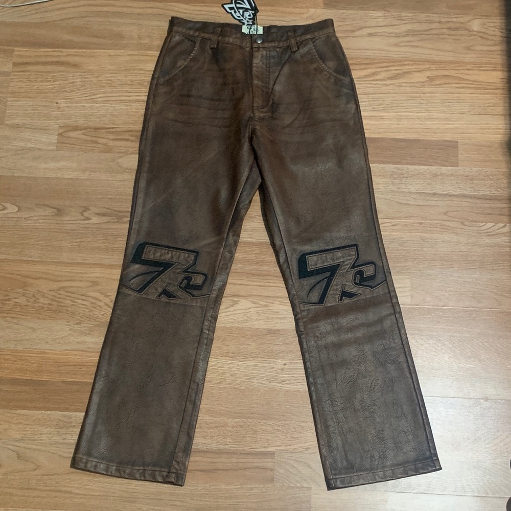 Triple 7 Brown Leather Chinos with Knee Patch Logo